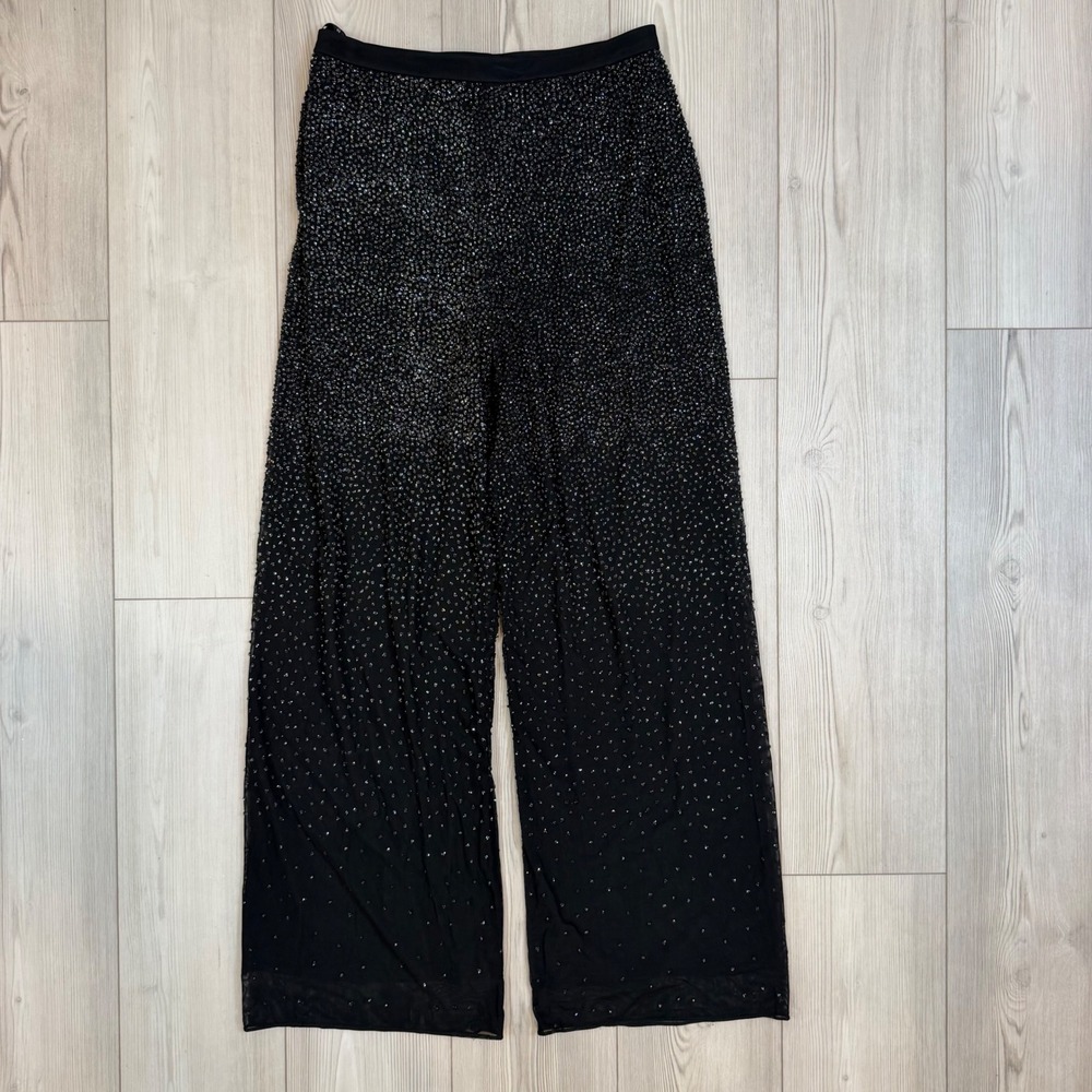 Tadashi Shoji Vintage Beaded Ombre Wide Leg Pants Black Mesh Size L Made in USA